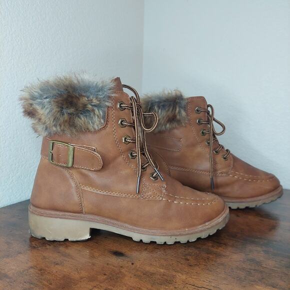 Dr Scholls Brown Faux Leather Fur Boot Size 7 - Winter Fall Ankle Bootie - Picture 1 of 8